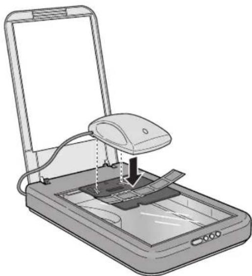 Illustration of a scanner device with an open lid and a mouse, showing internal components (no text or symbols).