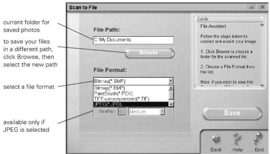 Scan to File File Path: C:\My Documents Browse Current folder for saved photos. To save your files in a different path, click Browse, then select the new path. File Format: Bitmap(*.BMP) PaintBrush(*.PCX) TIFF-uncompressed(*.TIF) JPEG(*.JPG) Quality: 80 Medium Select a file format available only if…
