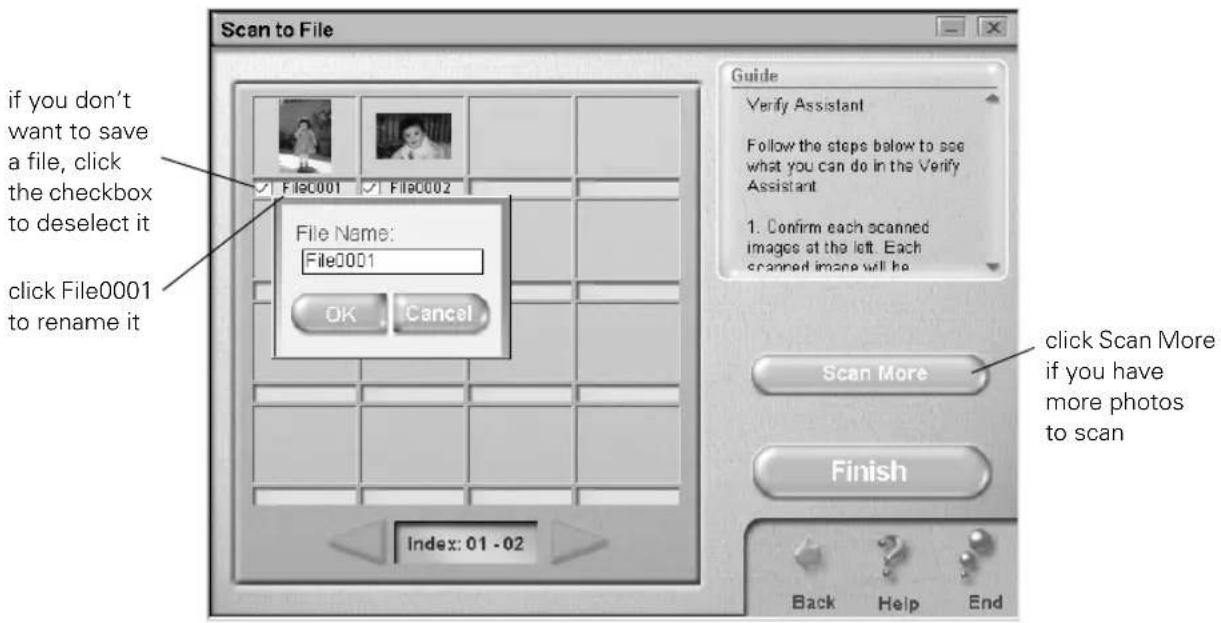 If you don't want to save a file, click the checkbox to deselect it. Click File0001 to rename it. File Name: File0001. OK. Cancel. Index: 01 - 02. Guide. Verify Assistant. Follow the steps below to see what you can do in the Verify Assistant: 1. Confirm each scanned image at the left. Each scanned i…