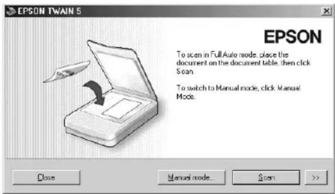 EPSON TWAIN 5. EPSON. To scan in Full Auto mode, place the document on the document table, then click Scan. To switch to Manual mode, click Manual Mode.
