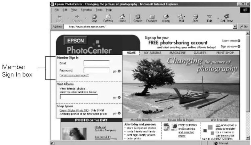 Epson PhotoCenter - Changing the picture of photography - Microsoft Internet Explorer Edit View Favorites Tools Help Back Forward Stop Refresh Home Search Favorites History Mail Print Edit Dell-Home Address http://www.photo.epson.com/ EPSON PhotoCenter Member Sign In Email: Password go Forgot your p…