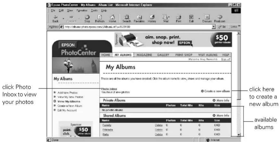 Epson PhotoCenter - My Albums - Album List - Microsoft Internet Explorer. Menu bar: Edit, Edit, View, Favorites, Tools, Help. Toolbar: Back, Forward, Stop, Refresh, Home, Search, Favorites, History, Mail, Print, Edit, Discuss, Real.com. Address bar: http://albums.photo.epson.com/j/AlbumList/?=162910…