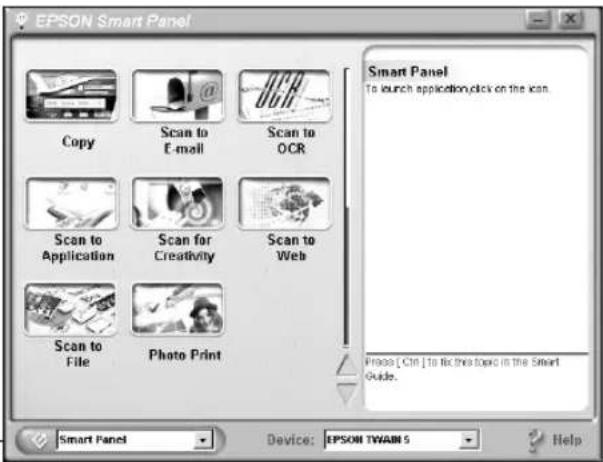 EPSON Smart Panel: Copy, Scan to E-mail, Scan to OCR, Scan to Application, Scan for Creativity, Scan to Web, Scan to File, Photo Print. To launch application, click on the icon. Press [Ctrl] to fix this topic in the Smart Guide. Device: EPSON TWAIN 5. Help.