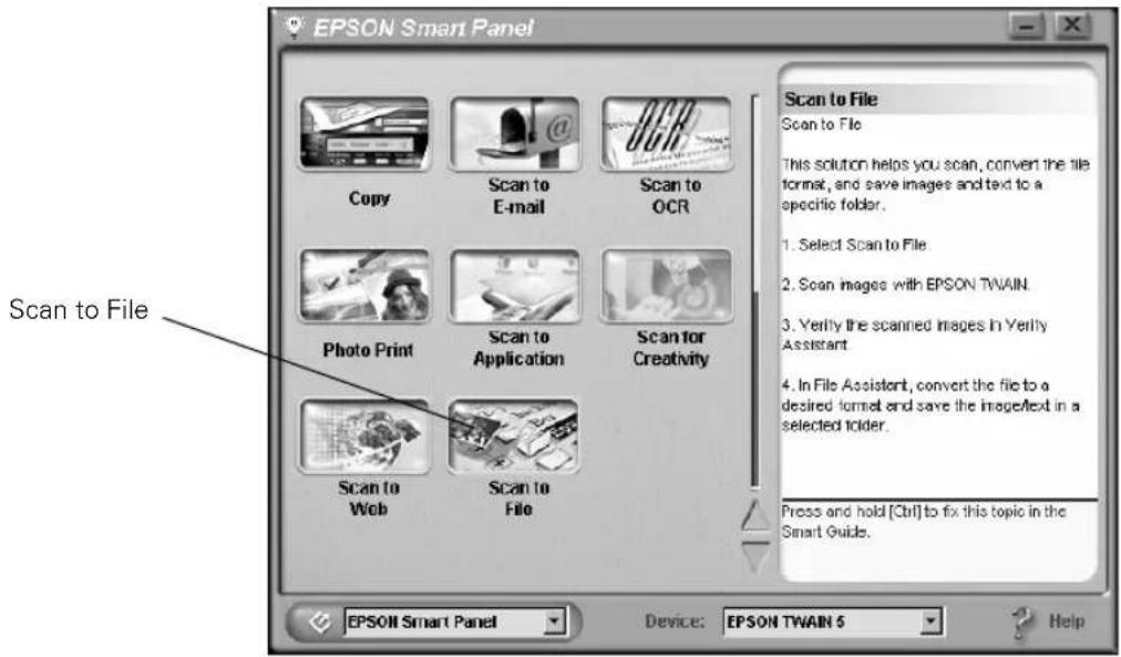 EPSON Smart Panel. Scan to File. Copy, Scan to E-mail, Scan to OCR, Photo Print, Scan to Application, Scan for Creativity, Scan to Web, Scan to File. Scan to File: This solution helps you scan, convert the file format, and save images and text to a specific folder. 1. Select Scan to File. 2. Scan im…
