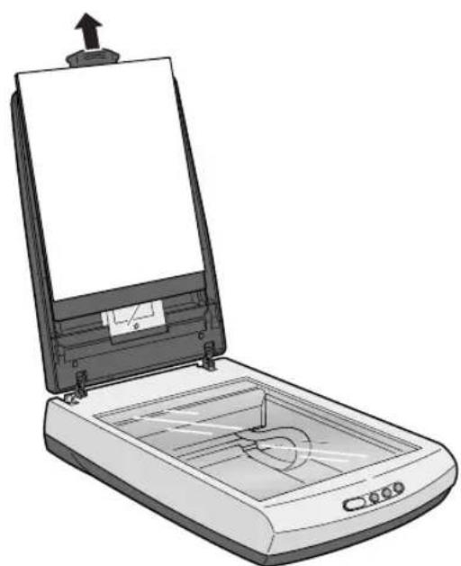 Illustration of a handheld scanner with an open lid and control panel (no text or symbols).
