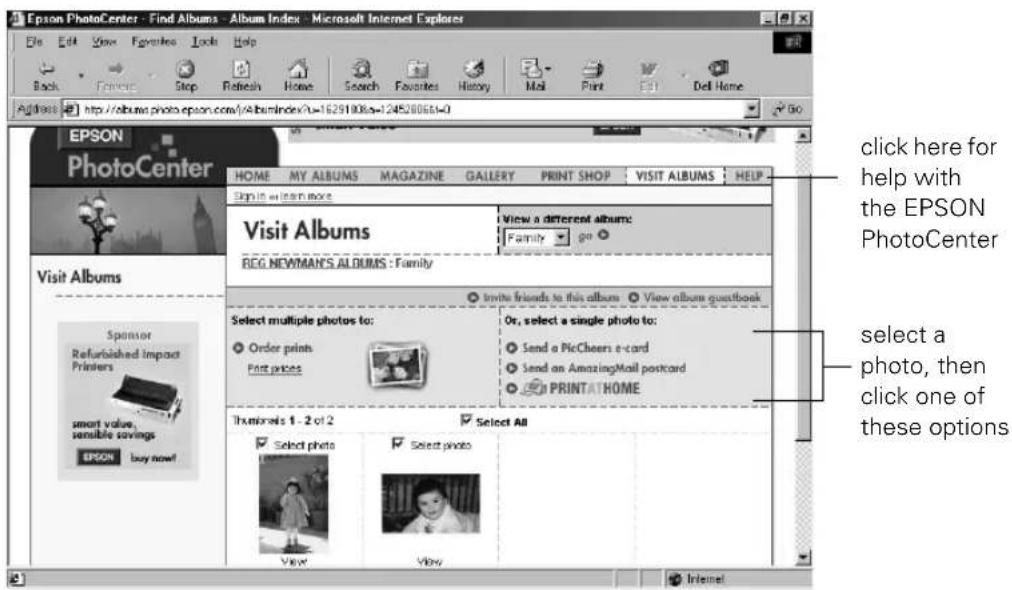EPSON PhotoCenter - Find Albums - Album Index - Microsoft Internet Explorer. File Edit View Favorites Tools Help. Book Favorites Stop Refresh Home Search Favorites History Mail Print Dell Home. http://albums.photo.epson.com/AlbumIndex/1=1629108a=1245200661=0. EPSON PhotoCenter. HOME MY ALBUMS MAGAZI…