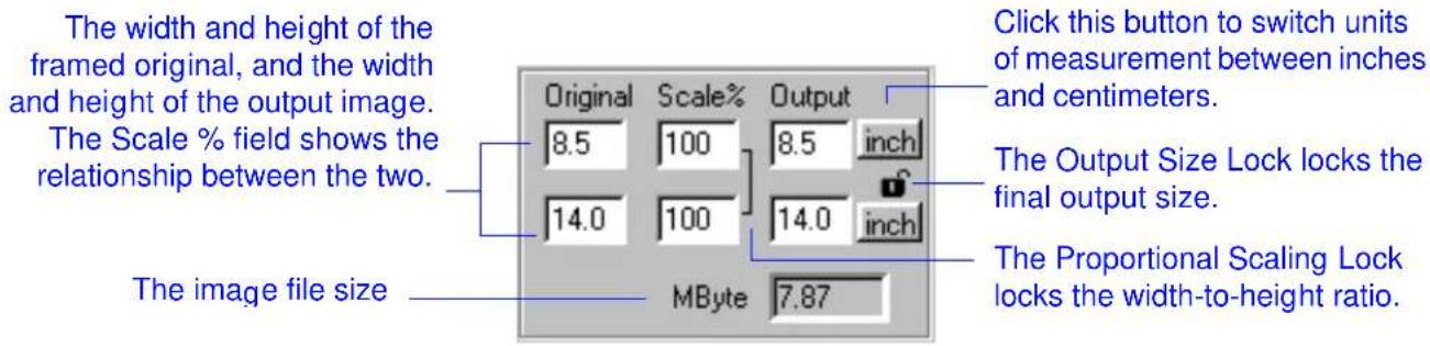 The width and height of the framed original, and the width and height of the output image. The Scale % field shows the relationship between the two. The image file size. Original Scale% Output 8.5 100 8.5 inch 14.0 100 14.0 inch MByte 7.87 Click this button to switch units of measurement between inc…