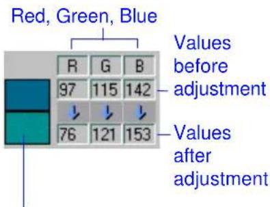 Red, Green, Blue R G B 97 115 142 ↓ ↓ ↓ 76 121 153 Values before adjustment Values after adjustment