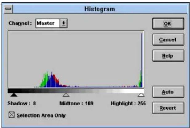 Histogram Channel : Master OK Cancel Help Auto Revert Shadow : 8 Midtone : 109 Highlight : 255 Selection Area Only