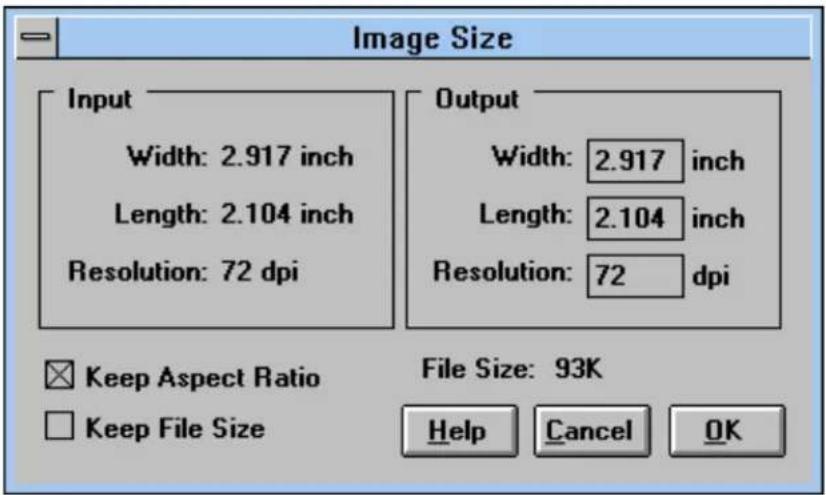 Image Size Input Width: 2.917 inch Length: 2.104 inch Resolution: 72 dpi Output Width: 2.917 inch Length: 2.104 inch Resolution: 72 dpi Keep Aspect Ratio Keep File Size File Size: 93K Help Cancel OK