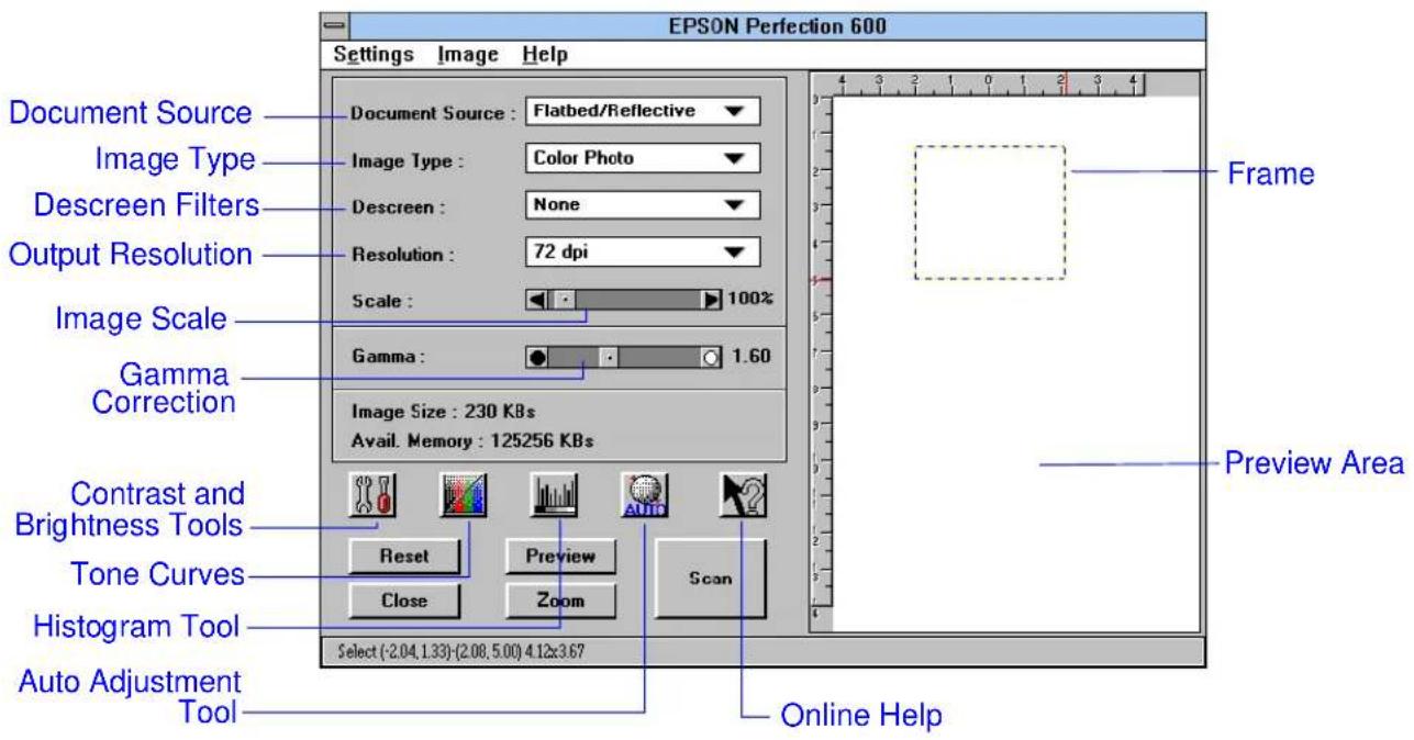 EPSON Perfection 600 Settings Image Help Document Source Flatbed/Reflective Image Type Color Photo Descreen None Resolution 72 dpi Output Resolution Scale: 100% Image Scale Gamma Correction Image Size: 230 KBs Avail. Memory: 125256 KBs Contrast and Brightness Tools Reset Preview Scan Tone Curves Clo…