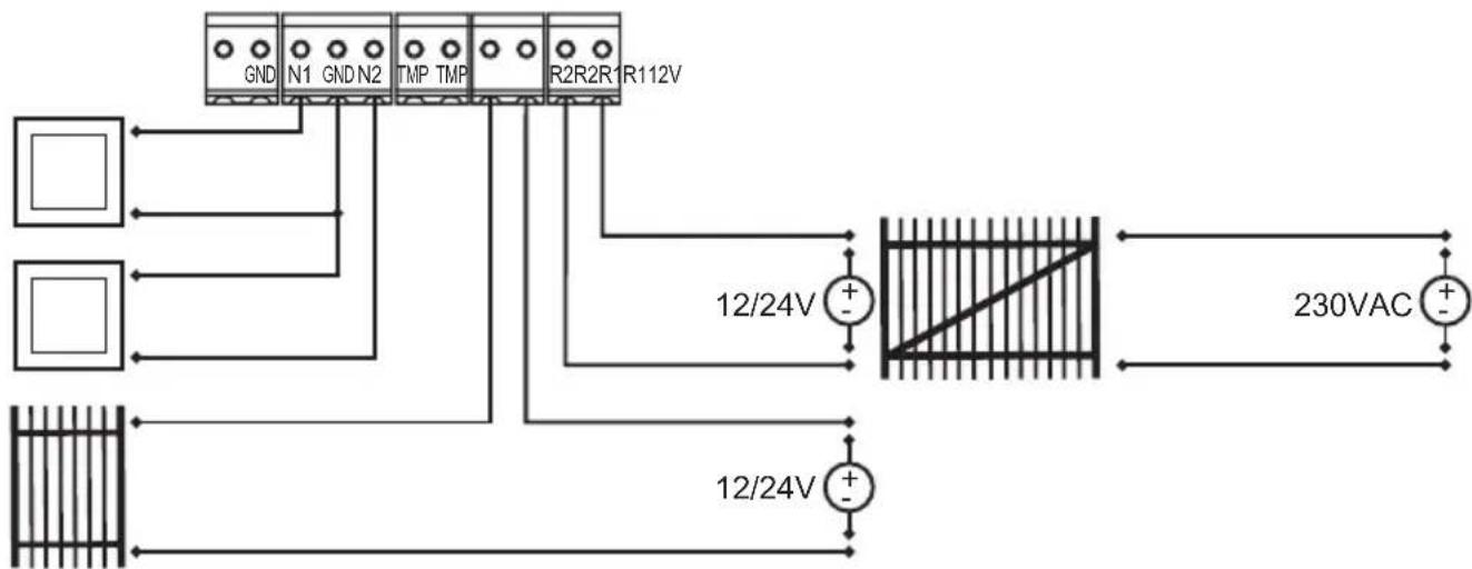 graph TD A["GND"] --> B["N1"] C["N1"] --> D["N2"] E["GND"] --> F["TMP"] G["TMP"] --> H["R2R2R1"] I["R2R2R1"] --> J["R112V"] K["Input"] --> A L["Input"] --> C M["Input"] --> E N["Input"] --> G O["Input"] --> I P["Input"] --> Q["Ground"] R["12/24V"] --> S["+"] T["12/24V"] --> U["+"] V["230VAC"] --> W[…