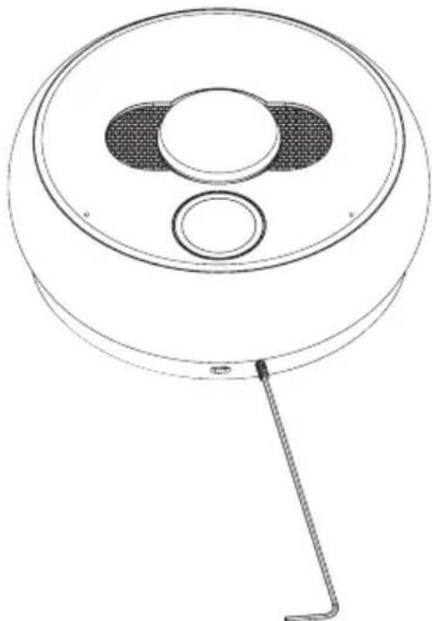 Line drawing of a circular device with three circular components and a handle (no text or symbols)
