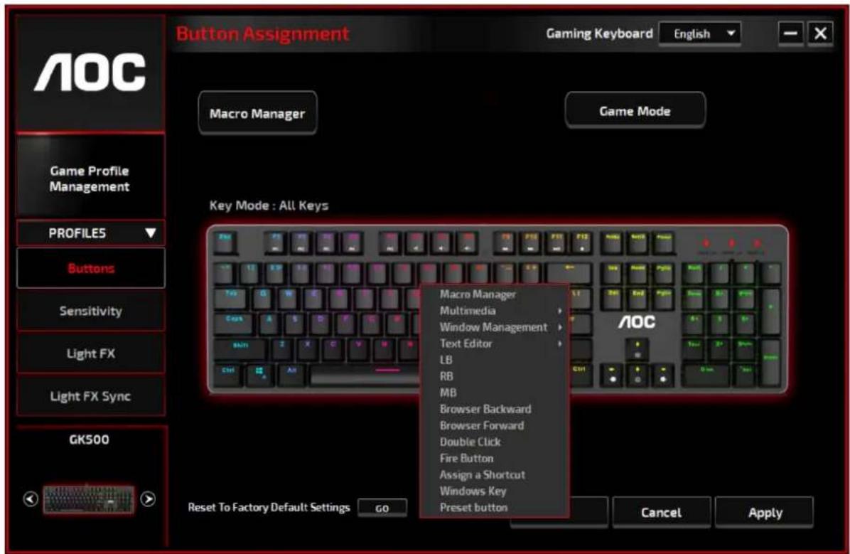 Button Assignment Gaming Keyboard English Macro Manager Game Mode Key Mode : All Keys Macro Manager Multimedia Window Management Text Editor LB RB MB Browser Backward Browser Forward Double Click Fire Button Assign a Shortcut Windows Key Preset button Reset To Factory Default Settings GO Cancel Apply