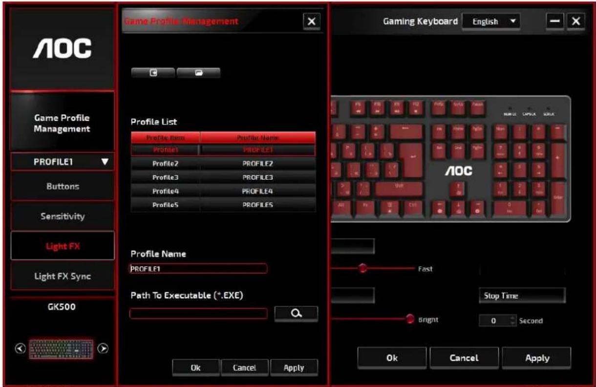 AOC Game Profile Management Profile List Profile Item Profile Name Profile1 PROFILE1 Profile2 PROFILE2 Profile3 PROFILE3 Profile4 PROFILE4 Profile5 PROFILE5 Profile Name PROFILE1 Path To Executable (*.EXE) OK Cancel Apply Gaming Keyboard English AOC Stop Time 0 Second OK Cancel Apply