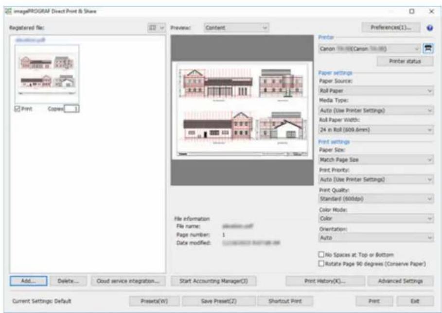 ImagePROGRAF Direct Print & Share Registered file: Preview: Content Preferences(1)... Print Copex Printer Canon (File: 90(Canon, 10.000)) Printer status Paper settings Paper Source: Roll Paper Media Type: Auto (Use Printer Settings) Roll Paper Width: 24 in Roll (600.6mm) Print settings Paper Size: M…