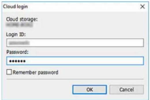 Cloud login Cloud storage: Login ID: Password: Remember password OK Cancel