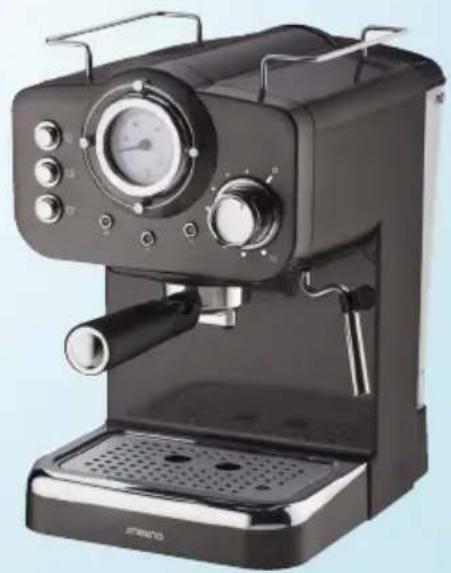 Black espresso machine with control panel and side-mounted gauges (no visible text or symbols)