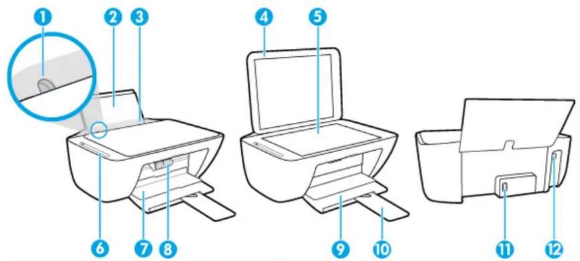 Diagram of a printer with numbered parts and an inset magnified view highlighting the front portion.