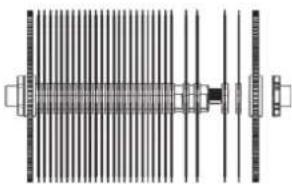Technical line drawing of a mechanical component with vertical grooves and mounting brackets (no text or symbols)
