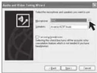 Audio and Video Tuning Wizard. Select the microphone and audio you want to use. Microphone: 50. Audio: Analog AC/SP Audio. ✓ Selecting soundlines. Selecting the audio line turns off the acoustic echo cancellation features which is not needed if you have headphones. OK, Next >, Cancel.