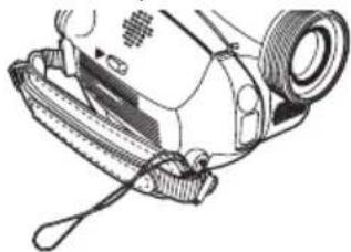 Line drawing of a handheld device with attached strap and handle (no text or symbols)
