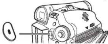 Line drawing of a vintage digital camera with a close-up view of the lens (no text or symbols)