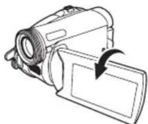 Line drawing of a digital video camera with an arrow indicating rotation (no text or symbols)
