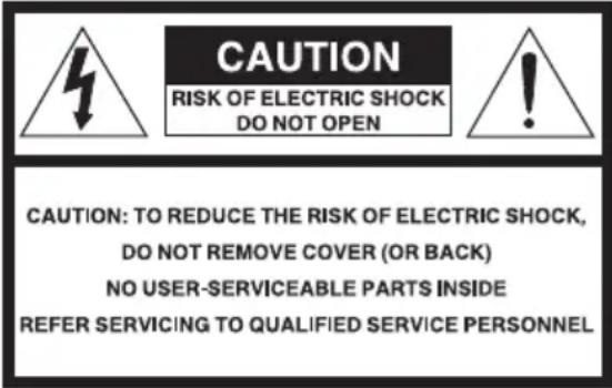 CAUTION RISK OF ELECTRIC SHOCK DO NOT OPEN CAUTION: TO REDUCE THE RISK OF ELECTRIC SHOCK, DO NOT REMOVE COVER (OR BACK) NO USER-SERVICEABLE PARTS INSIDE REFER SERVICING TO QUALIFIED SERVICE PERSONNEL