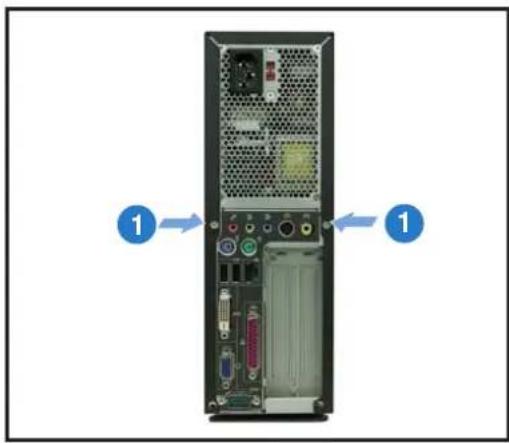 Diagram of a desktop computer tower rear panel with labeled ports and connectors, showing internal components and directional arrows.