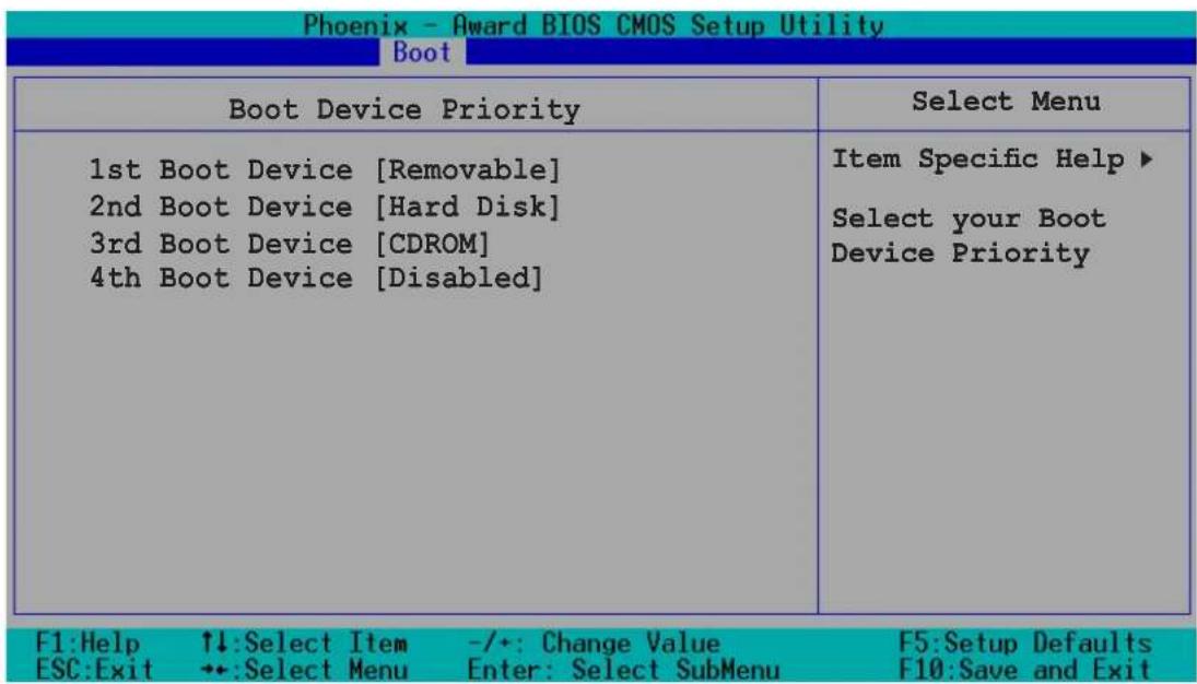 Phoenix - Award BIOS CMOS Setup Utility Boot Boot Device Priority 1st Boot Device [Removable] 2nd Boot Device [Hard Disk] 3rd Boot Device [CDROM] 4th Boot Device [Disabled] Item Specific Help ▶ Select your Boot Device Priority F1:Help ↑↓:Select Item -/+ : Change Value F5:Setup Defaults ESC:Exit ++:S…