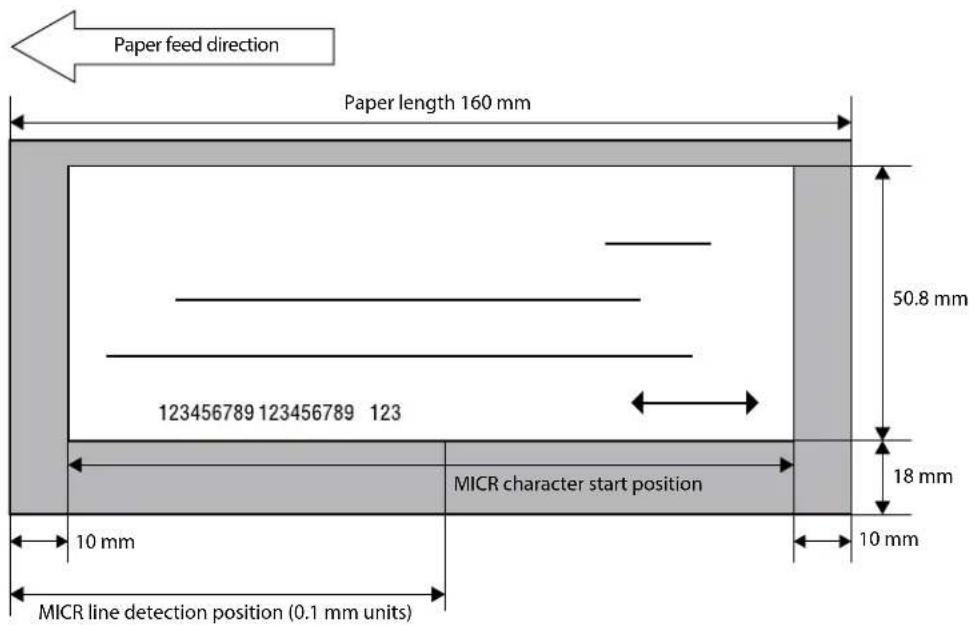 Paper feed direction, Paper length 160 mm, 50.8 mm, 123456789 123456789 123, MICR character start position, 18 mm, 10 mm, 10 mm, MICR line detection position (0.1 mm units)