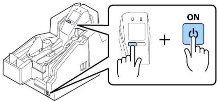 Diagram showing a device being processed with a digital display and an ON button, illustrating the process.