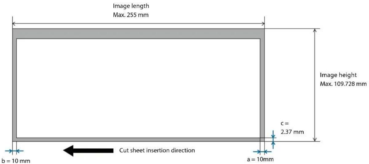 Image length: max 255 mm. Image height: max 109.728 mm. Dimensions: c = 2.37 mm, a = 10 mm, b = 10 mm. Cut sheet insertion direction.