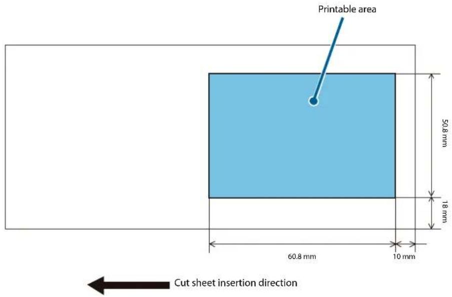 Printable area: 50.8 mm x 18 mm, 60.8 mm x 10 mm. Cut sheet insertion direction.