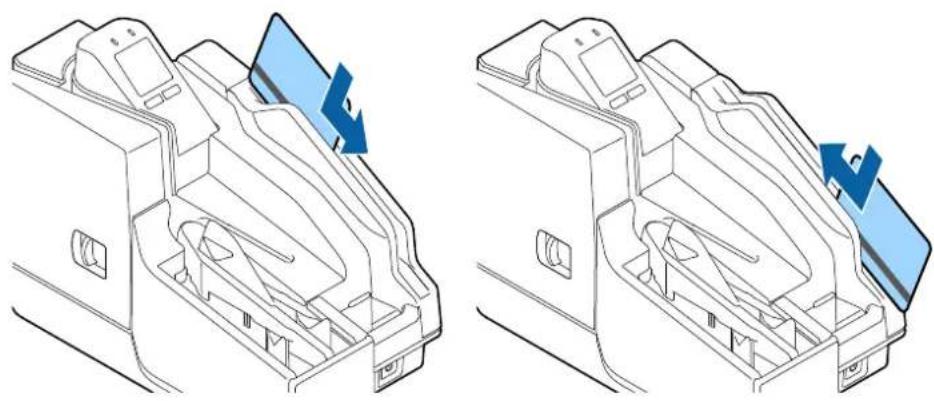 Technical line drawing of a mechanical component with two views showing internal structure and blue arrows indicating direction (no text or symbols).