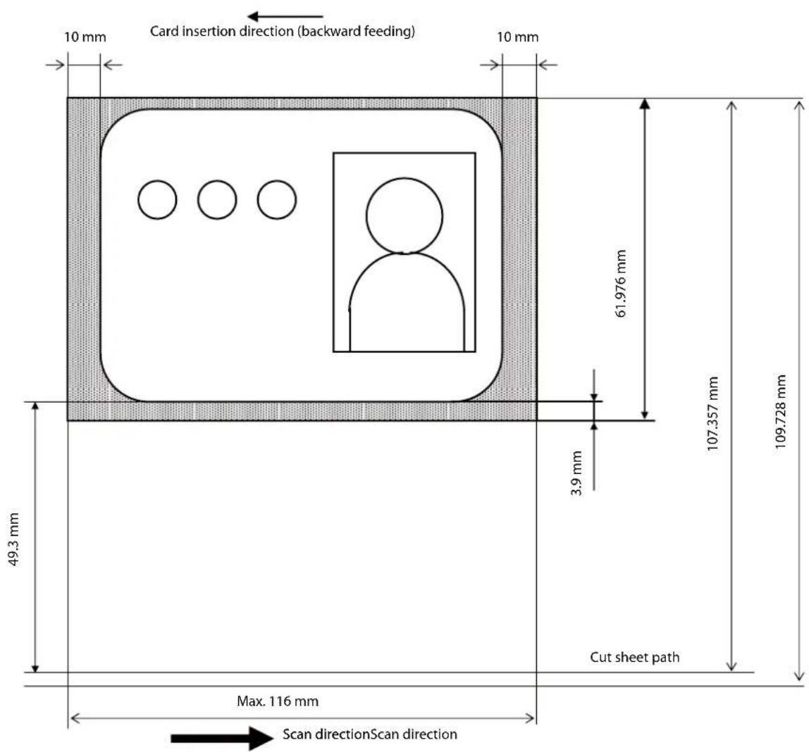 Card insertion direction (backward feeding). Dimensions: 10 mm, 61.976 mm, 3.9 mm, 107.357 mm, 109.728 mm, 49.3 mm, max 116 mm. Cut sheet path. Scan direction.
