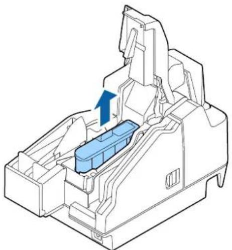 3D technical illustration of a mechanical assembly with a blue component and directional arrow (no text or symbols).