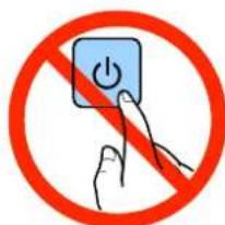 Prohibition sign showing a hand pressing a blue button labeled 'Power' within a red circle, indicating no other actions.