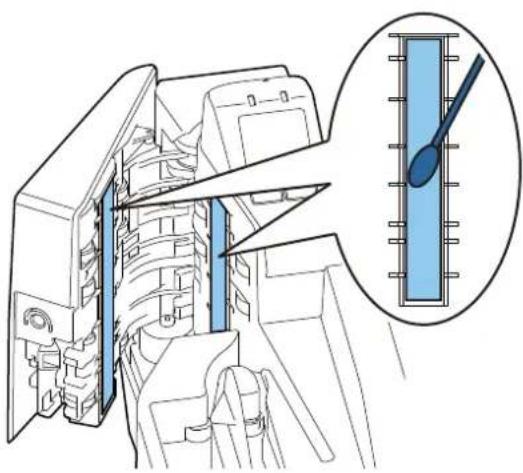 Technical line drawing of a mechanical assembly with an inset showing a blue thermometer (no text or symbols present).