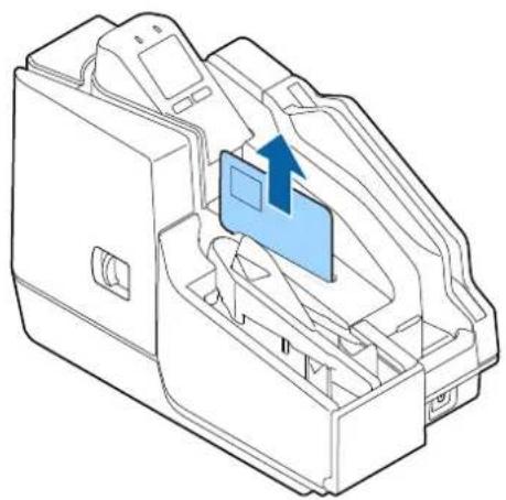 Technical line drawing of a mechanical device with internal components and a blue arrow indicating direction (no text or symbols).