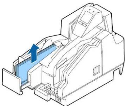 Technical line drawing of a mechanical device with internal components and a blue arrow indicating direction (no text or symbols).
