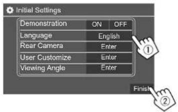 Initial Settings: Demonstration ON/OFF, Language English, Rear Camera Enter, User Customize Enter, Viewing Angle Enter, Finish