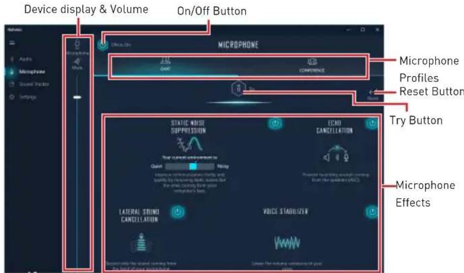 Device display & Volume On/Off Button Audio Microphone Ground Tractor Settings MICROPHONE ON/OFF Microphone Profiles Reset Button Static WISE SUPPRESSION ECHO CANCELLATION Your current command by Quiet 100% Close my communication mostly and mostly by removing static sound. Our the one coming from yo…