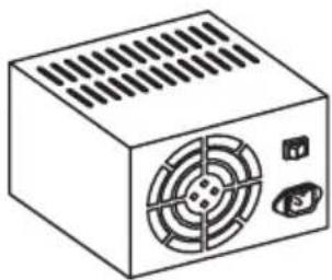 Isometric line drawing of a computer power supply unit with fan and buttons (no text or symbols)