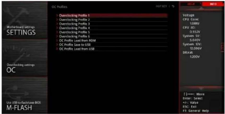 OC Profiles Overclocking Profile 1 Overclocking Profile 2 Overclocking Profile 3 Overclocking Profile 4 Overclocking Profile 5 Overclocking Profile 6 OC Profile Load from ROM OC Profile Save to USB OC Profile Load from USB Voltage CPU Core: 1.08V CPU ID: 0.952V System 5V: 5.040V System 12V: 12.096V…