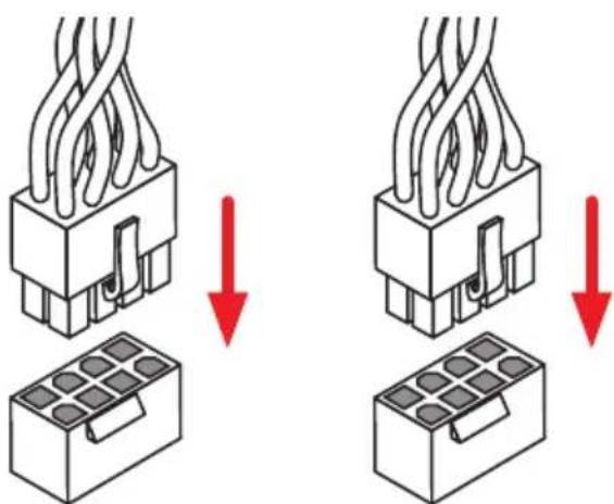 Diagram showing two steps of inserting a component into a grid, with red arrows indicating downward movement.