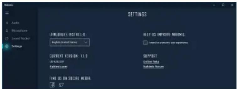 Settings LANGGAGES INSTALLED: English (United States) HELP US IMPROVE NORMIC: I want to share my user experience CURRENT VERSION: 1.0 US 9.222.337 Nabincs.com SUPPORT: Online Help Nabincs Forum FIND US ON SOCIAL MEDIA: