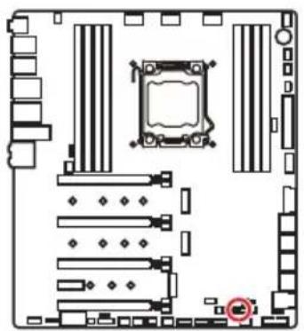 Top-down schematic of a computer motherboard showing CPU socket, RAM slots, and drive bays (no text or labels)