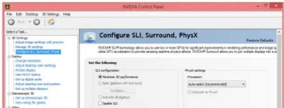 NVIDIA Control Panel File Edit Desktop 3D Settings Help Select a Task... 3D Settings Adjust image settings with preview Manage 3D settings Configure SLI, Surround, PhysX Display Change resolution Adjust desktop color settings Restore display View HOCP status Set up digital audio Adjust desktop audio…